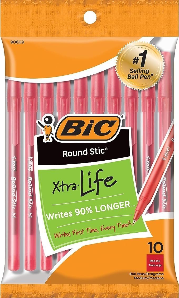 BIC Round Stic Xtra Life Ballpoint Pen, Medium Point (1.0mm), Red, 10-Count