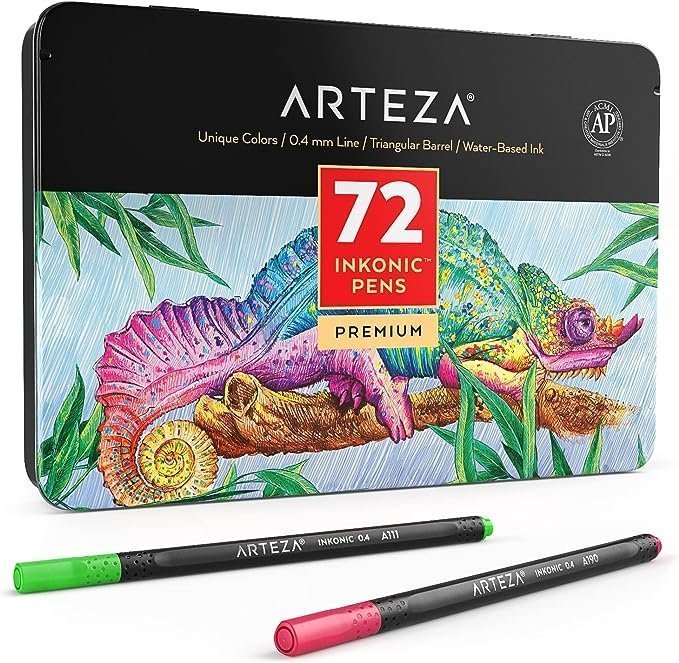 ARTEZA Inkonic Fineliner Fine Point Pens, Set of 72, 0.4mm Tips, Ergonomic Barrels, Brilliant Assorted Colors, Art Pens for Drawing, Journaling, Calligraphy, Fine Tip Markers, Art Supplies